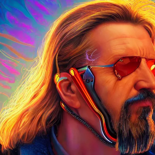 Image similar to a colorful closeup portrait of the a cybertronic mask depicting the dude from the big lebowski. dreamy vibes floating head and dreaming psychedelic hair. halo behind his head. trending on artstation. by peter mohrbacher and moebius and alex ross. intricate detail. hyperrealistic. photorealism. 8 k. flat design