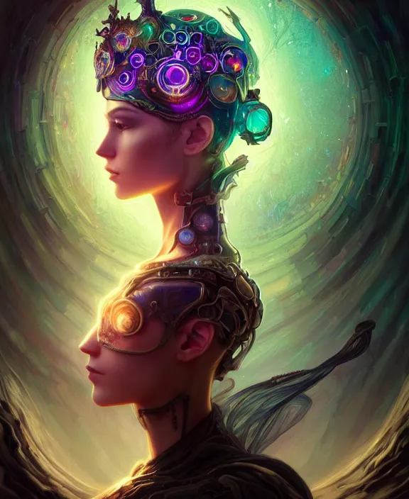 Image similar to whirlwind souls inside metaverse, half body, glowin eyes, tiara, pharaoh, forest, mushrooms, antiques, cyberpunk face, by loish, d & d, fantasy, intricate, elegant, highly detailed, colorful, vivid color, digital painting, artstation, concept art, art by artgerm and greg rutkowski and alphonse mucha and ruan jia