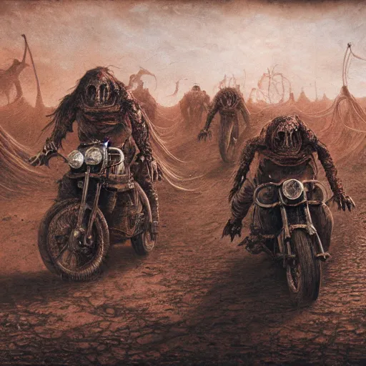 Prompt: motorbikers race in hell, horror art, by beksinski, szukalski, giger, pyromallis, dzo, iris compiet, seb mckinnon, digital art, highly detailed, intricate, sharp focus, trending on artstation hq, deviantart, pinterest, unreal engine 5, 4 k uhd image