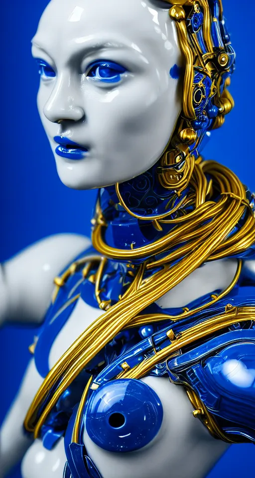 Prompt: portrait of a graceful cyborg, made of porcelain of delft, blue of delft with kintsugi, golden mechanical details, fluid cables, blue led details, octane, 8 k resolution, detailed, realistic