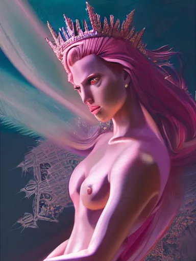 Image similar to pink portrait of beautiful female angel queen Scarlett Johansson head wearing shiny pink crown, subtle purple accents, hyper details, black metal rococo, sculpted by Alex Alice, Craig Mullins, yoji shinkawa, trending on artstation, beautifully lit, Peter mohrbacher, hyper detailed, insane details, intricate, elite, elegant, luxury, ray of light through smoke, CGsociety, hypermaximalist, golden ratio, volumetric, octane render, weta digital, micro details, 3d sculpture