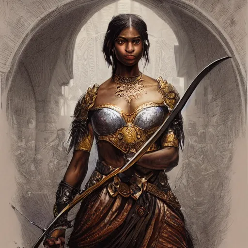 Image similar to artstation concept of a beautiful girl holding a sword in both hands, brown skin, symmetrical face, silver garment, shiny colorful, hyperdetailed, artstation trending, world renowned artists, worth1000.com, historic artworks society, antique renewel, cgsociety, by greg rutkowski, by Gustave Dore, Deviantart