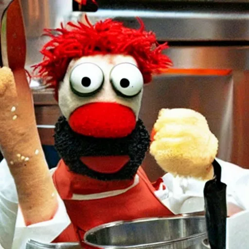 Image similar to italian chef cooking a muppet in a pot