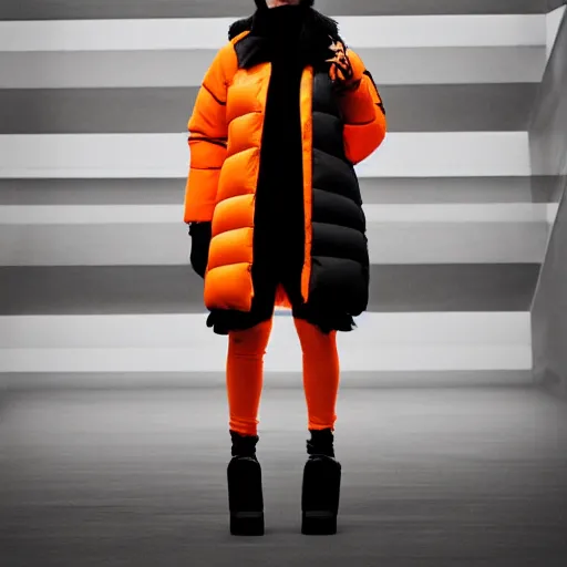 Image similar to black and white extremely beautiful photograph of a woman wearing an oversized orange puffer jacket in the style of dingyun zhang, yeezy, kanye west, balenciaga, vetements