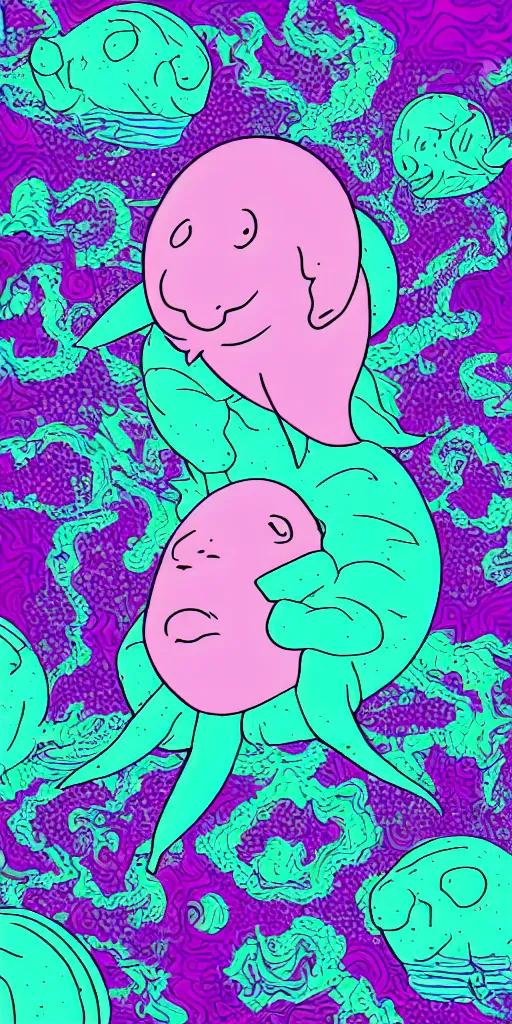 Image similar to vaporwave blobfish with psychedelic background