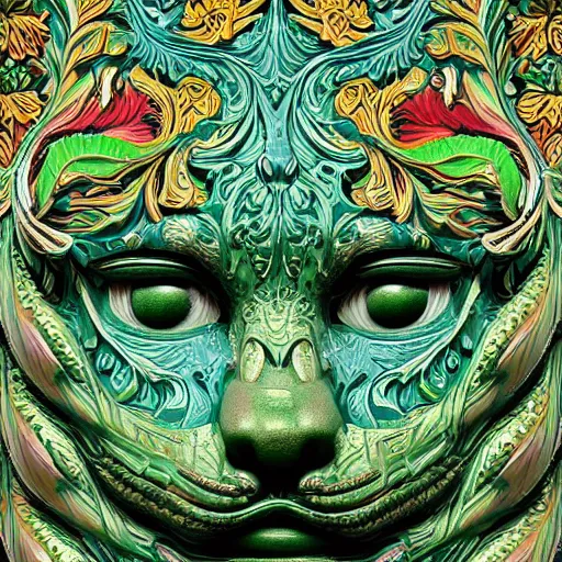 Image similar to colourful highly detailed ornate decorative green man as a cat face 3 d sculplture by walter crane and william morris, closeup, twisting leaves, flowing lines, abstract psychedelic, 8 k, artstation