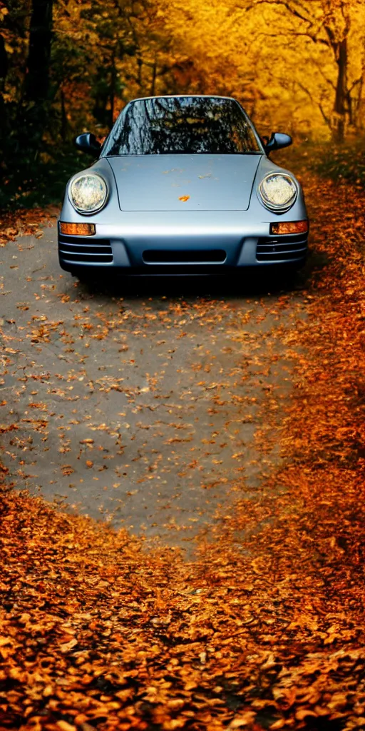 Image similar to photo of a porsche driving through autumn leaves, photo, kodak portra 4 0 0, direct flash, cinematic lighting, anti aliasing