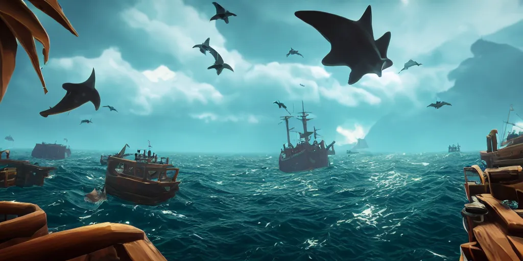 Prompt: a group of stingray, rays and sharks flying in the sky in a rough sea, sea of thieves style, unreal engine, cinematic, waves, fog, clouds, rain