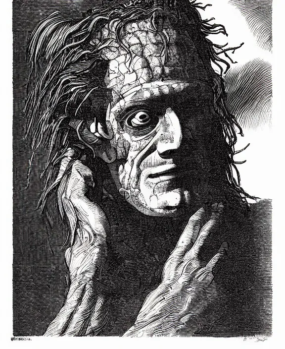 Image similar to frankenstein, art by james o barr and albrecht durer, woodblock print, engraved, black and white, vector, vector art