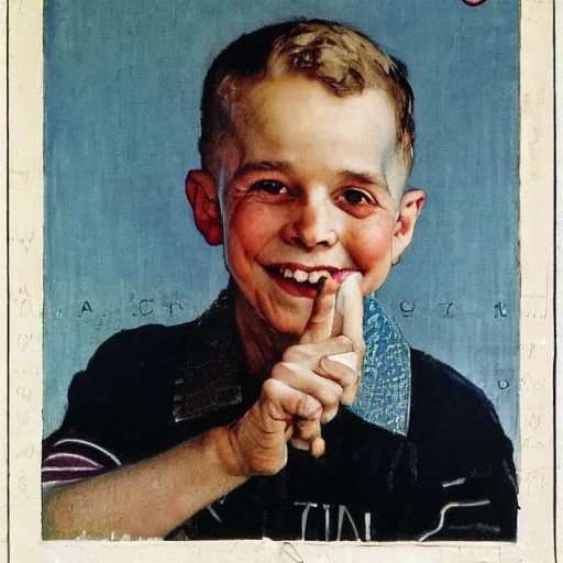 Prompt: a portrait of tzvika pick smiling while doing a peace sign, by norman rockwell