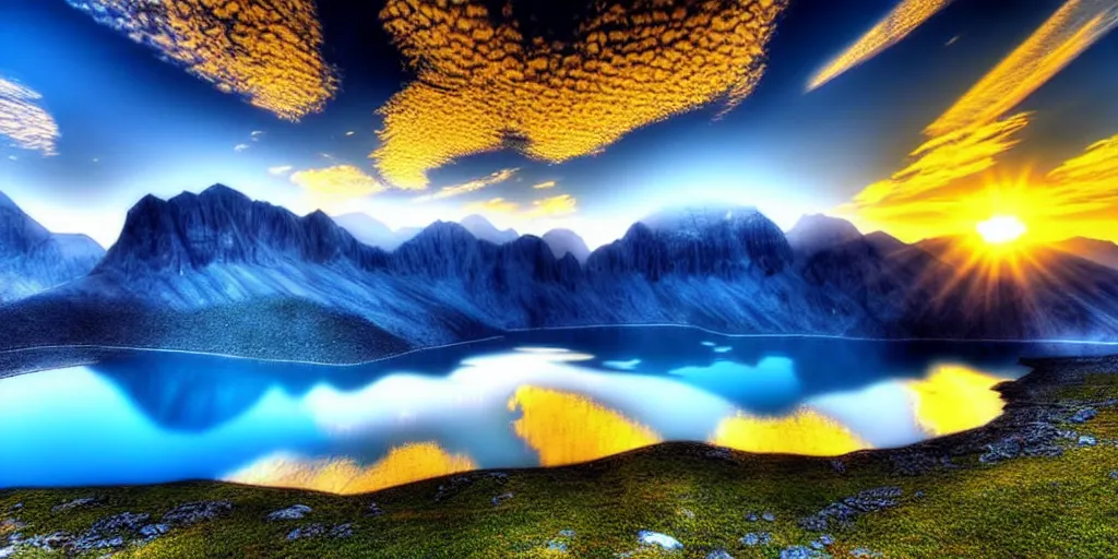 Image similar to a beautiful landscape, sun rises between two mountains, a lake in between the mountains, blue sky, cloudy, photograph, high resolution, extremely detailed, hyper realism