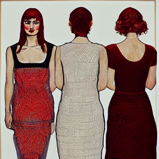 Prompt: 3 sisters look into the mirror, blonde brunette redhead, white and red dresses, wealthy women, fashion, Chuck close