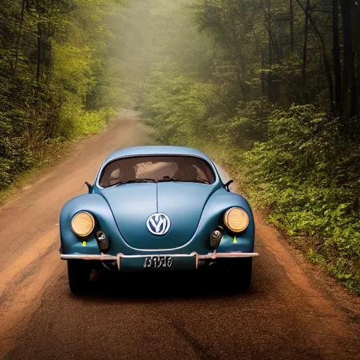 Image similar to promotional scifi - mystery movie scene of a ( volkswagen beatle ) and ladybug hybrid. racing down a dusty back - road in smokey mountains tennessee. cinematic, 4 k, imax, 7 0 mm