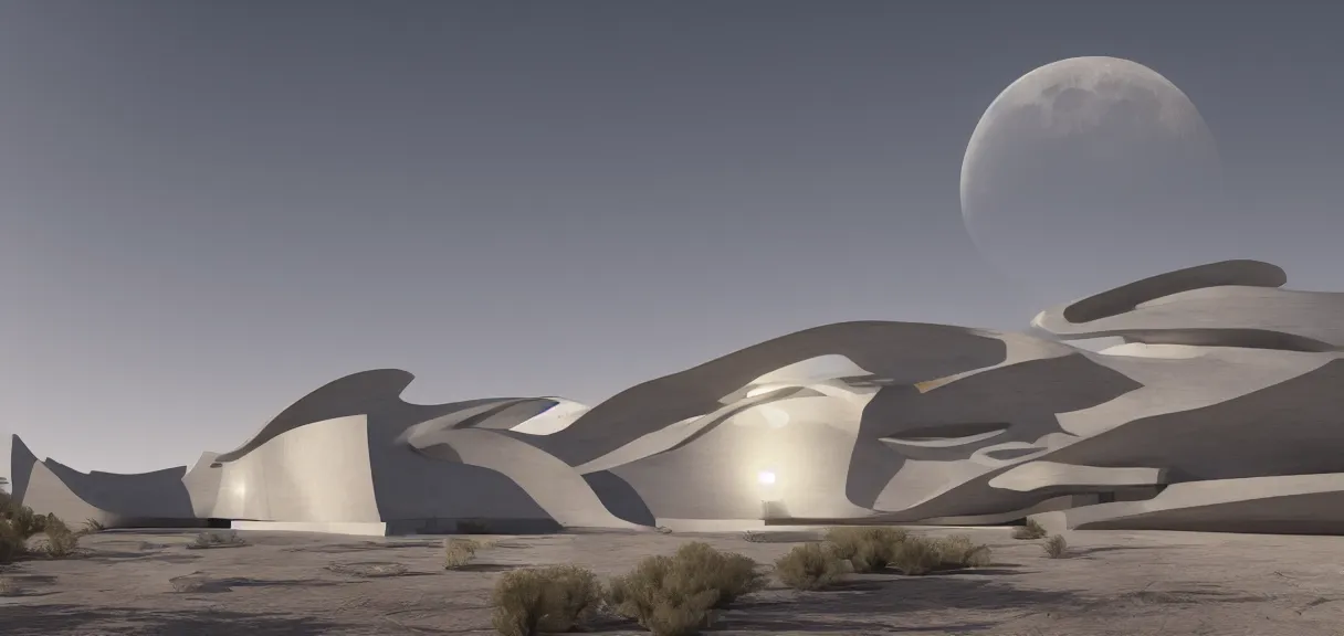 Prompt: a cresent moon in the sky shining on a white museum by zaha hadid in the desert, cinematic, realistic, render in unreal engine 5