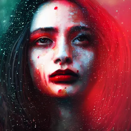 Prompt: masterpiece dynamic portrait of an aesthetic beautiful realistic black haired woman protesting, 3 0 years old woman, mid long hair, black eyed, small red peace symbol on the face, digital painting by wlop, atmospheric red effects, sparkles, artstation, deviantart, large view, red color scheme, revolution, motion blur, dark background