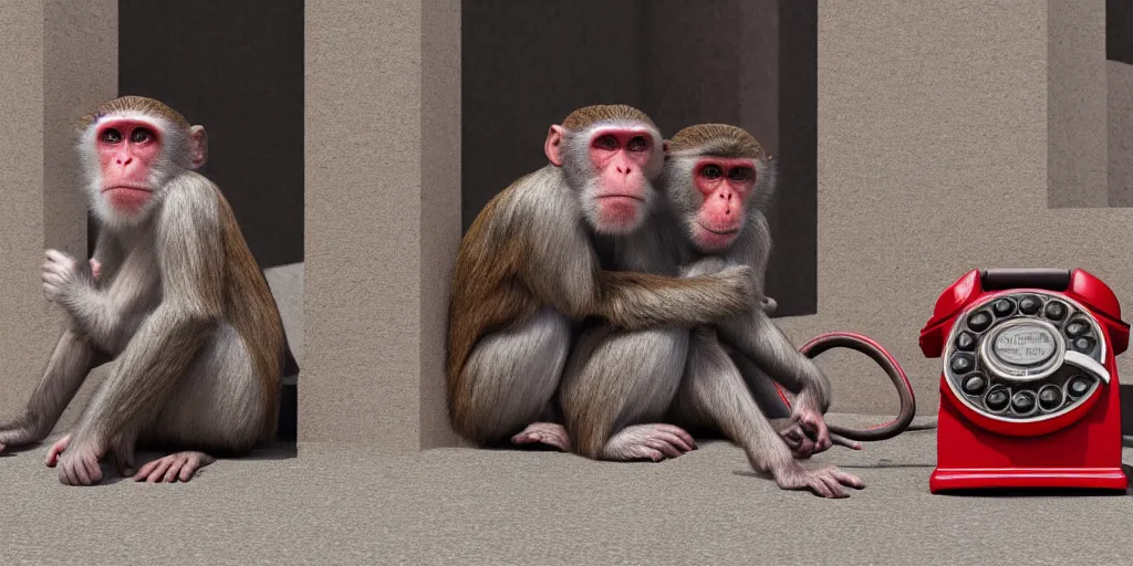 Prompt: a detailed photograph of two monkeys pondering over a vintage red rotary telephone sitting on the sidewalk, hyper detailed render, epic composition, 4 k realistic, octane render, realistic shaded lighting, sharp focus, award winning masterpiece