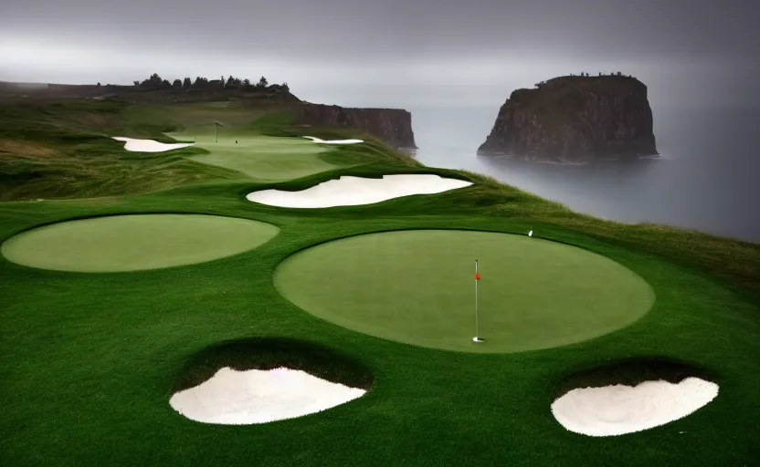 Prompt: a great photograph of the most amazing golf hole in the world, rainy day, cliffs by the sea, perfect green fairway, human perspective, ambient light, 5 0 mm, golf digest, top 1 0 0, fog