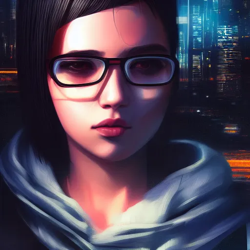Prompt: a close up of a person with a city in the background, cyberpunk art by Ilya Kuvshinov, cgsociety, photorealism, ilya kuvshinov, cityscape, digital painting