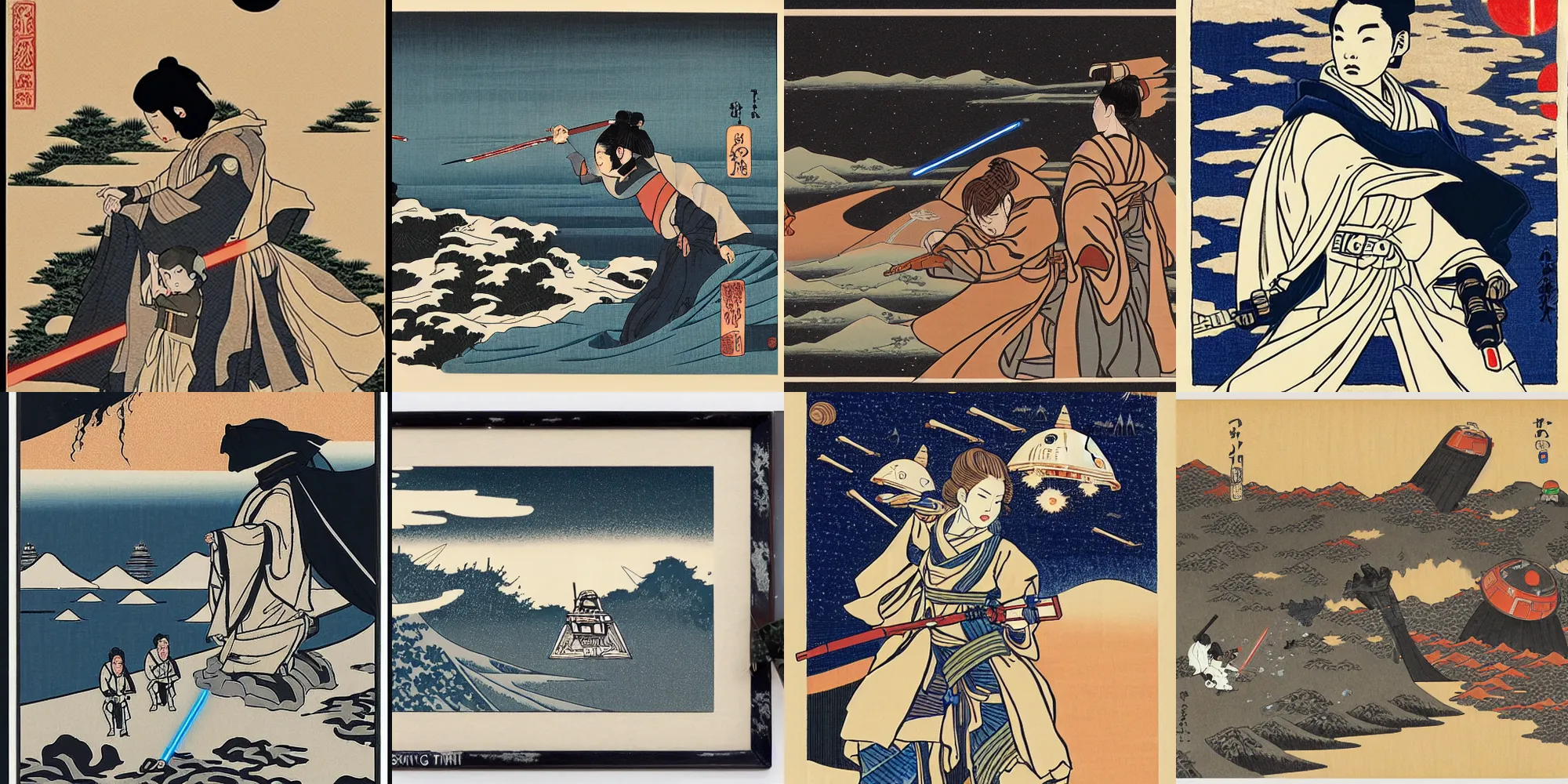 Prompt: star wars scene in the style of hokusai