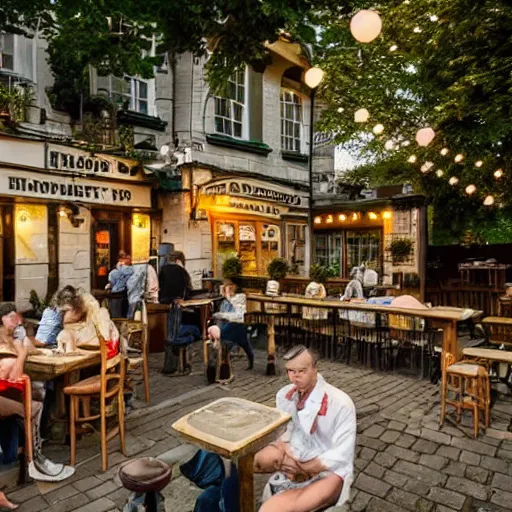 Image similar to an english pub garden at golden hour, attractive people are dancing and drinking pints of lager and smoking cigarettes