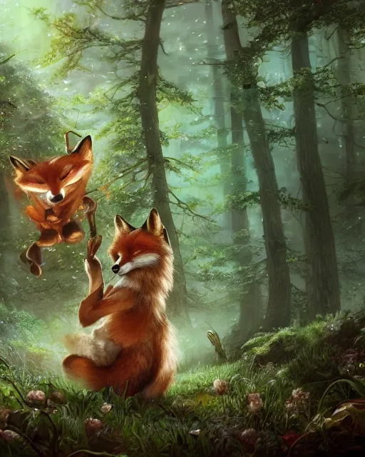 Image similar to Fox singing in forest, portrait, wearing hat, magical notes, fairy atmosphere, magic the gathering artwork, D&D, fantasy, cinematic lighting, centered, symmetrical, highly detailed, digital painting, artstation, concept art, smooth, sharp focus, illustration, volumetric lighting, epic Composition, 8k, art by Akihiko Yoshida and Greg Rutkowski and Craig Mullins, oil painting, cgsociety