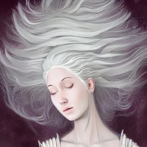 Image similar to a woman with immensely glowing white hair and rose medieval armor, meditating in tranquility as [ her hair flows ]!!, surrealism art, trending on artstation, portrait!!, intricately detailed