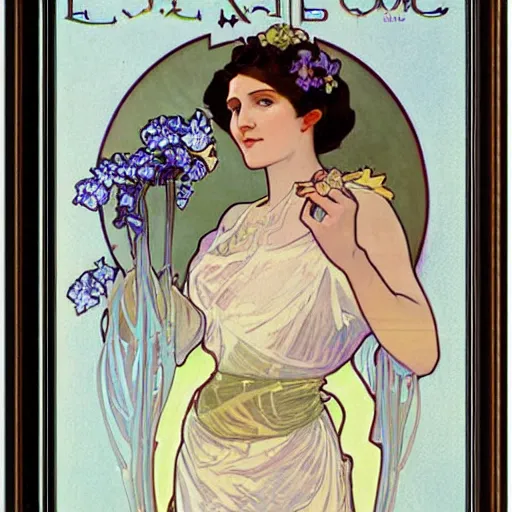 Image similar to art nouveau painting by Alphonse Mucha of a beautiful female scientist in 1920s dress holding a sparkling round bottomed flask of blue liquid up to the light. The woman is framed with flowers. Soft, muted colors.