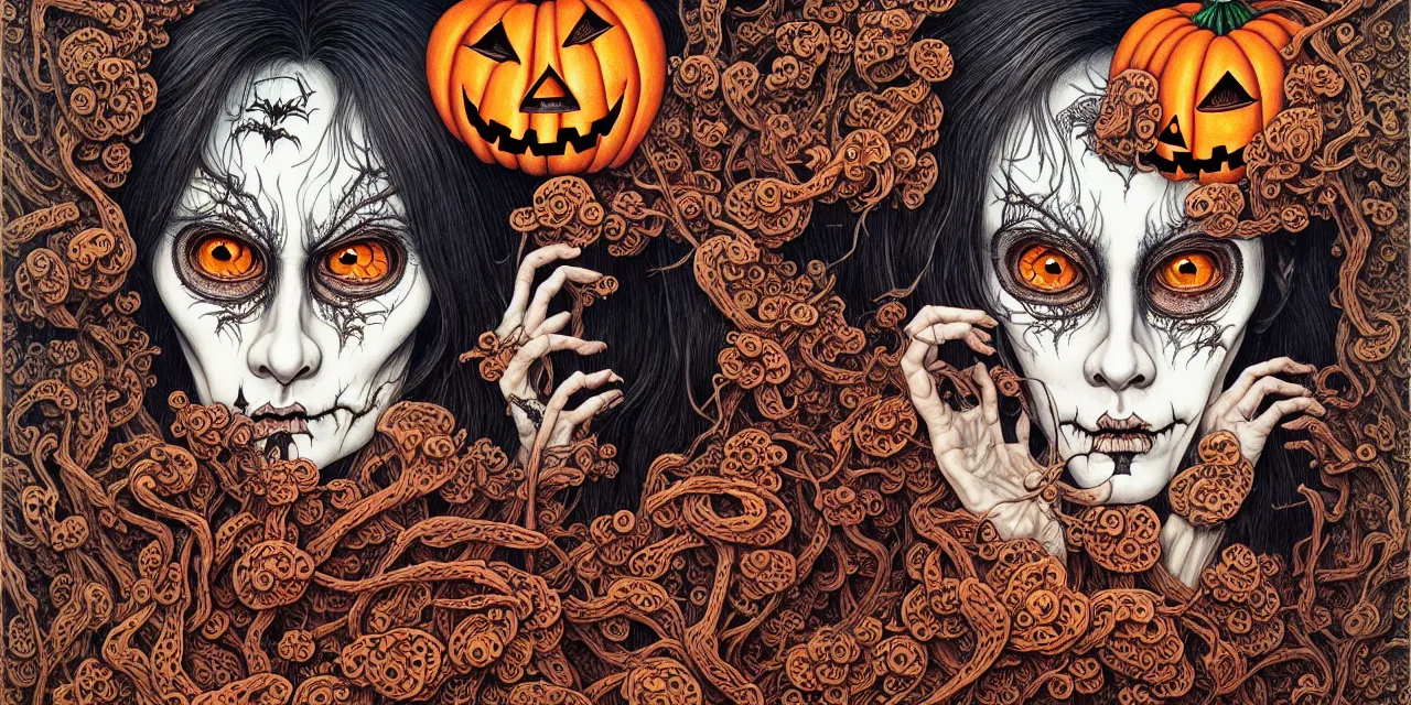 Image similar to portrait painted in jacek yerka style drawn by vania zouravliov and takato yamamoto, inspired by halloween, intricate acrylic gouache painting, high detail, sharp high detail, artstation