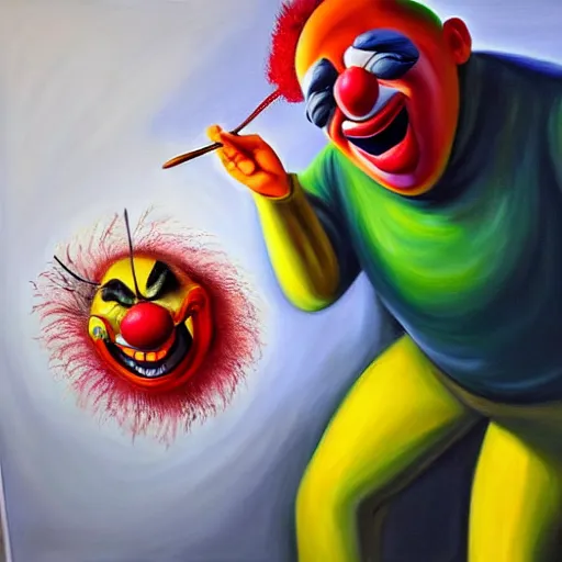 Image similar to hyperrealism painting from the housefly perspective getting swatted at from an angry clown man with a fly swatter in the kitchen