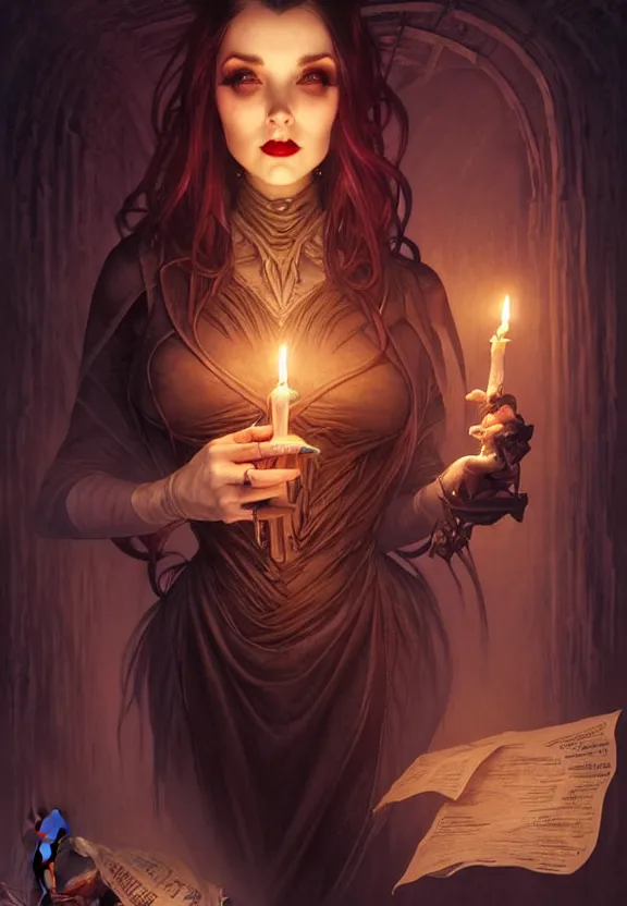 Prompt: Attractive necromancer mistress looking through papers in a candle light at a spooky old attic, fantasy magic, dark pin-up style hair, dark light night, intricate, elegant, sharp focus, illustration, highly detailed, digital painting, concept art, matte, art by WLOP and Artgerm and Greg Rutkowski and Alphonse Mucha, masterpiece