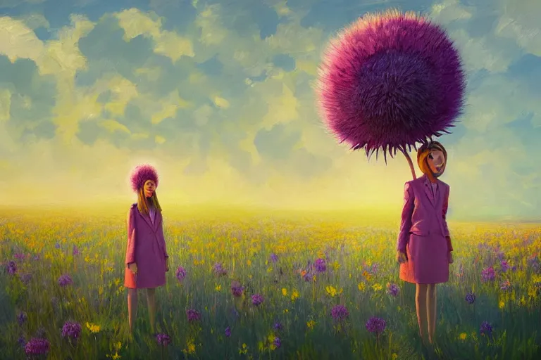 Prompt: portrait, giant thistle flower under head, a girl in a suit in field of flowers, surreal photography, sunrise, blue sky, dramatic light, impressionist painting, digital painting, artstation, simon stalenhag