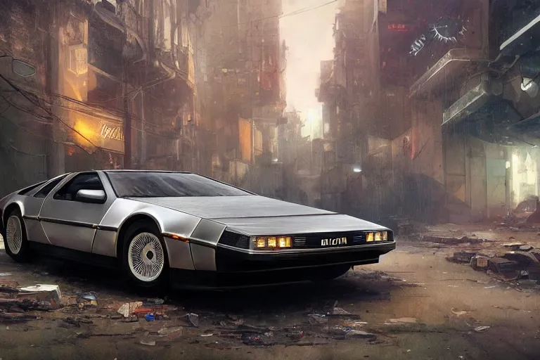 Image similar to photograph of the delorean, with a sleek spoiler, driving down the streets of a cyberpunk abandoned city, by greg rutkowski, by stanley artgerm, by alphonse mucha