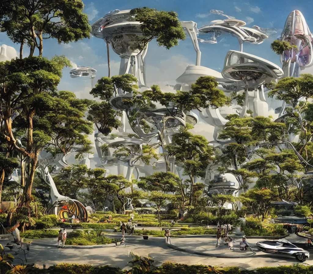 Prompt: a beautiful park with bridges and lawns and paths and baobab trees in an alien city, in the background a baroque temple, alien buildings, scifi, science fiction spacecraft is landing, multicoloured, syd mead, david curtis, john berkey,