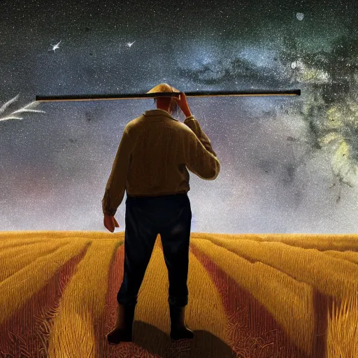 Prompt: a farmer standing on the fields of barley looking at the stars through telescope by H.P. Lovecraft, 8k, epic scene, concept art