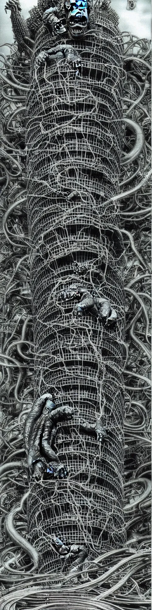 Prompt: hologram king kong and godzilla spiraling together like liquid smoke, loose wires, exposed circuits, trash, china monster building, brutalism, hr giger, basil wolverton, minakari, vegetal patterns