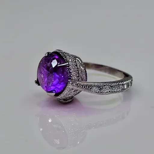 Prompt: a beautiful engagement ring made out of silver and purple fire, high quality, photo realistic, detailed, 8k