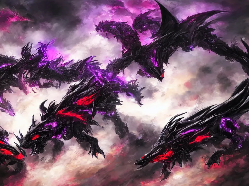 Prompt: a black and purple dragon fighting a massive black and red mecha cat, digital art, detailed, award-winning art, 4k concept art and hyper realism