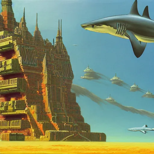 Prompt: side view a beautiful painting of a shark palace by angus mckie, trending on artstation future space, sphyrna zygaena