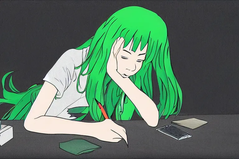 Prompt: a girl with green hair crying at her desk in the style of Tsuguharu Fujita