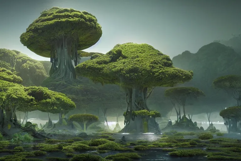 Image similar to highly advanced civilization living in hindu temple inspired space colonie, floating islands connected with roots, avatar like landscape, high - tech space cult with trees and plants and alien flowers, dramatic lighting, epic, octane render, volumetric light, unreal engine, artbreeder, 8 k, background, scene, digital, artwork, high quality, 8 k