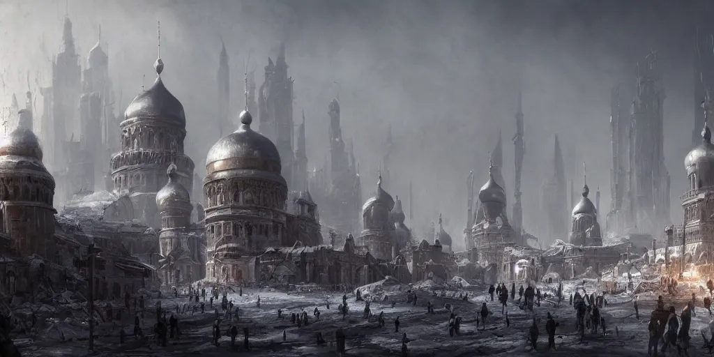 Image similar to Post-apocalyptic imperial russian city scene with a dark smog choked sky and a crowd of people freezing in the snow, black domes and spires, sci fi, detailed matte painting, cinematic, Alan Lee, Artstation