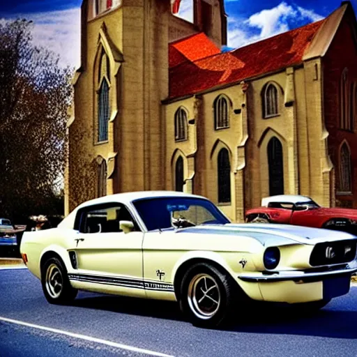 Prompt: Ford Mustang in front of a church in the 50\'s.