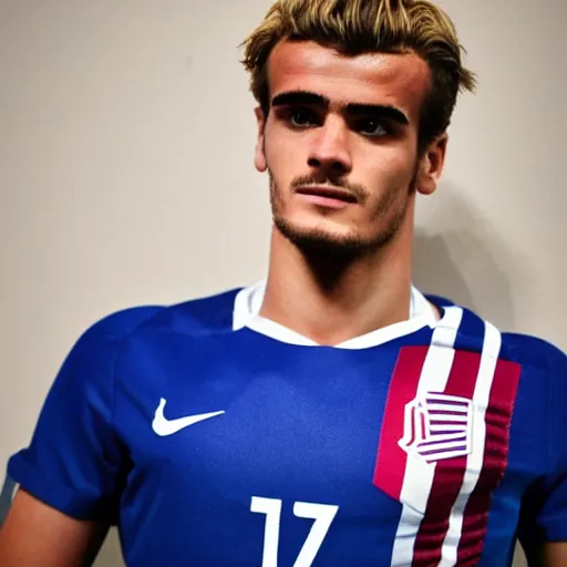 Image similar to a realistic detailed photo of a guy who is an attractive humanoid who is half robot and half humanoid, who is a male android, soccer player antoine griezmann, shiny skin, posing like a statue, blank stare, in a living room, on display, showing off his muscles