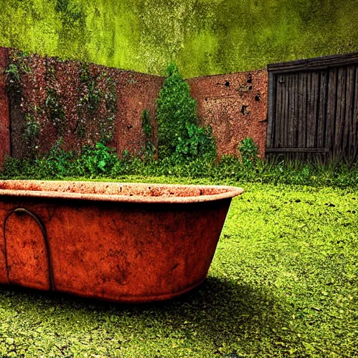 Image similar to hyperrealism photography computer simulation visualisation of parallel universe detailed old rusty bath in the detailed ukrainian village garden in dramatic scene from art house futuristic movie by caravaggio and alejandro jodorowsky and andrei tarkovsky