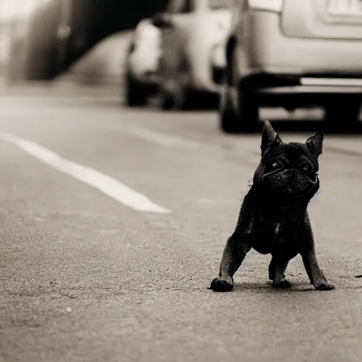 Image similar to a dog doing a hand stand in the middle of a busy road, realistic, 35mm photograph