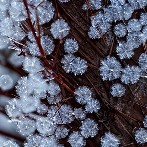 Prompt: winter closeup of a twig with many delicate ice crystals growing from it