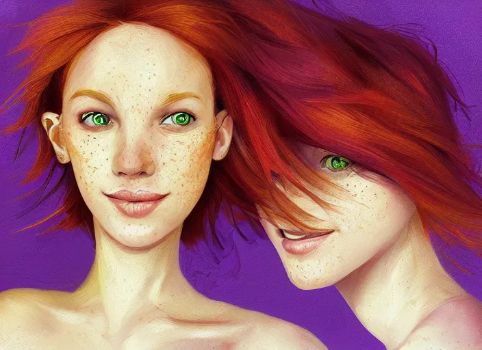 Prompt: portrait of a beautiful smiling girl with orange hair and freckles, green eyes, highly detailed, digital painting, style by Małgorzata Kmiec, artstation, concept art, smooth, sharp, focus, illustration. background is purple
