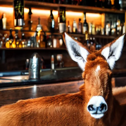 Image similar to fuzzy mule, sitting at a bar, taps, bar lighting, hyper realistic, 8k