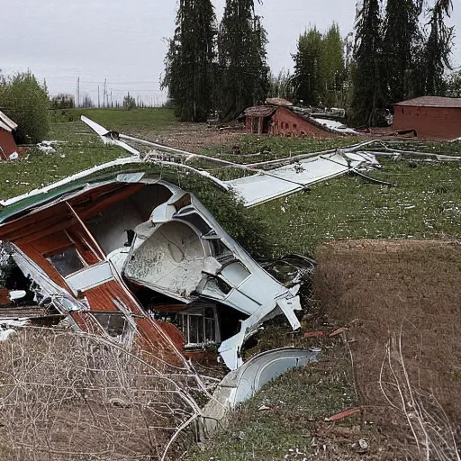 Image similar to a large funnel formed on the territory of the Russian village house in Russia as a result of a rocket hit where people gathered to photograph it