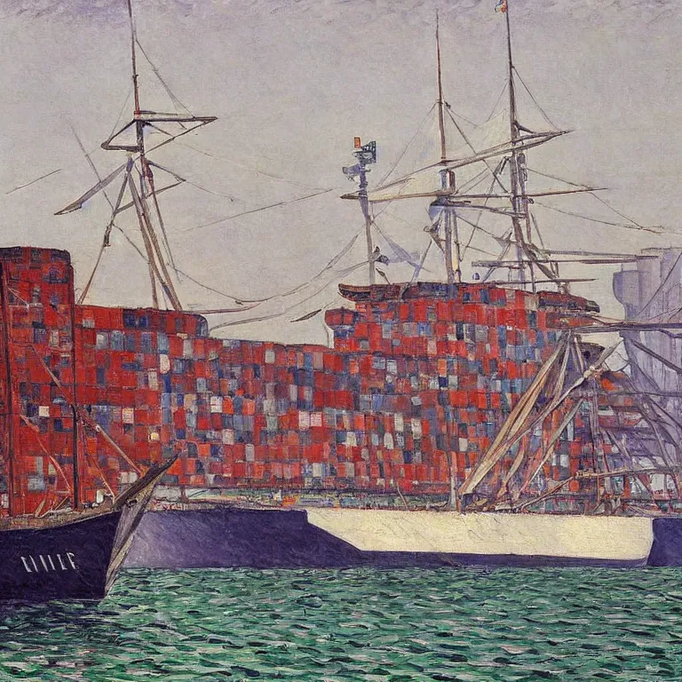 Prompt: a master gouache painting of a big ship docked at the harbor, central composition, shape obvious, sharp focus, very detaied, by gustave caillebottet